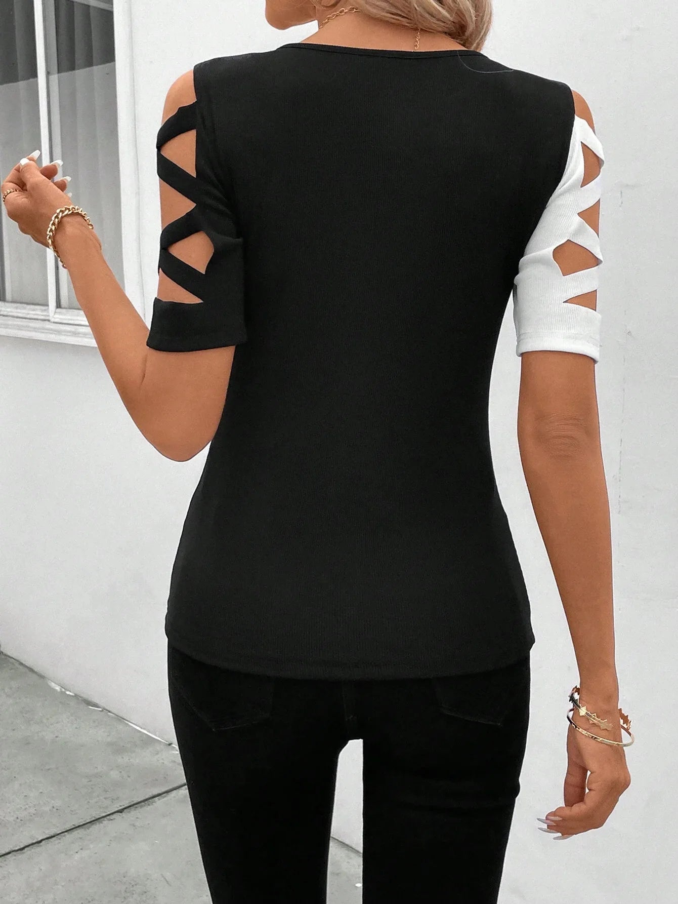 Women's T-shirt Slim Color Block Office Fashion Street Top Hollow Short Sleeve Tight Tees for Women