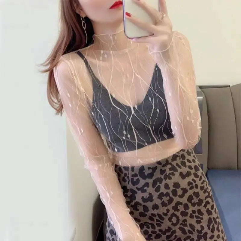 Women's T-shirt Summer Outfits Long Sleeve Pullover See Through Tops Fashion Lady Sexy Tops Mesh Slim Chiffon Tees New Black Top