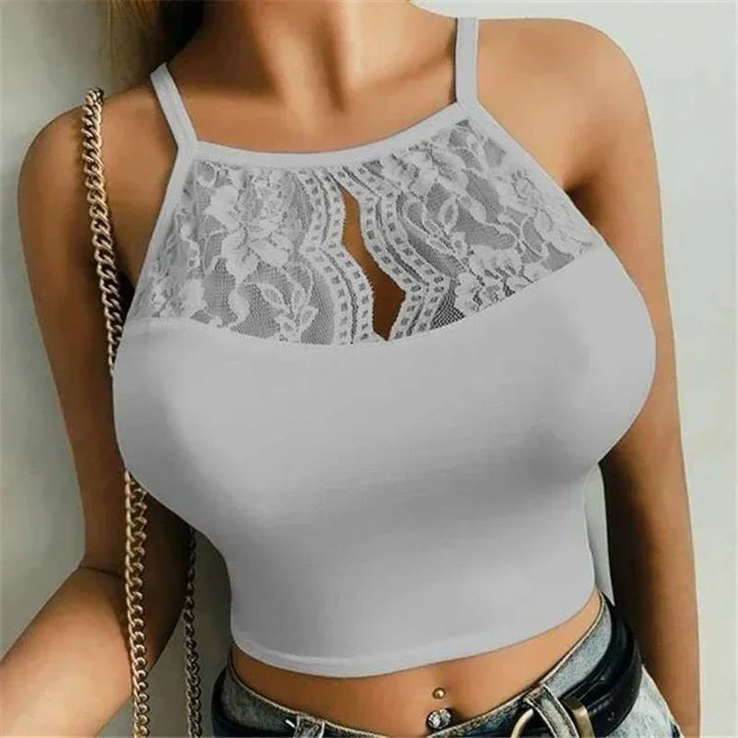 MOONBIFFY Crop Top 2025 - Spitzen Crop Top mit Spaghetti-Trägern & Blumenmuster