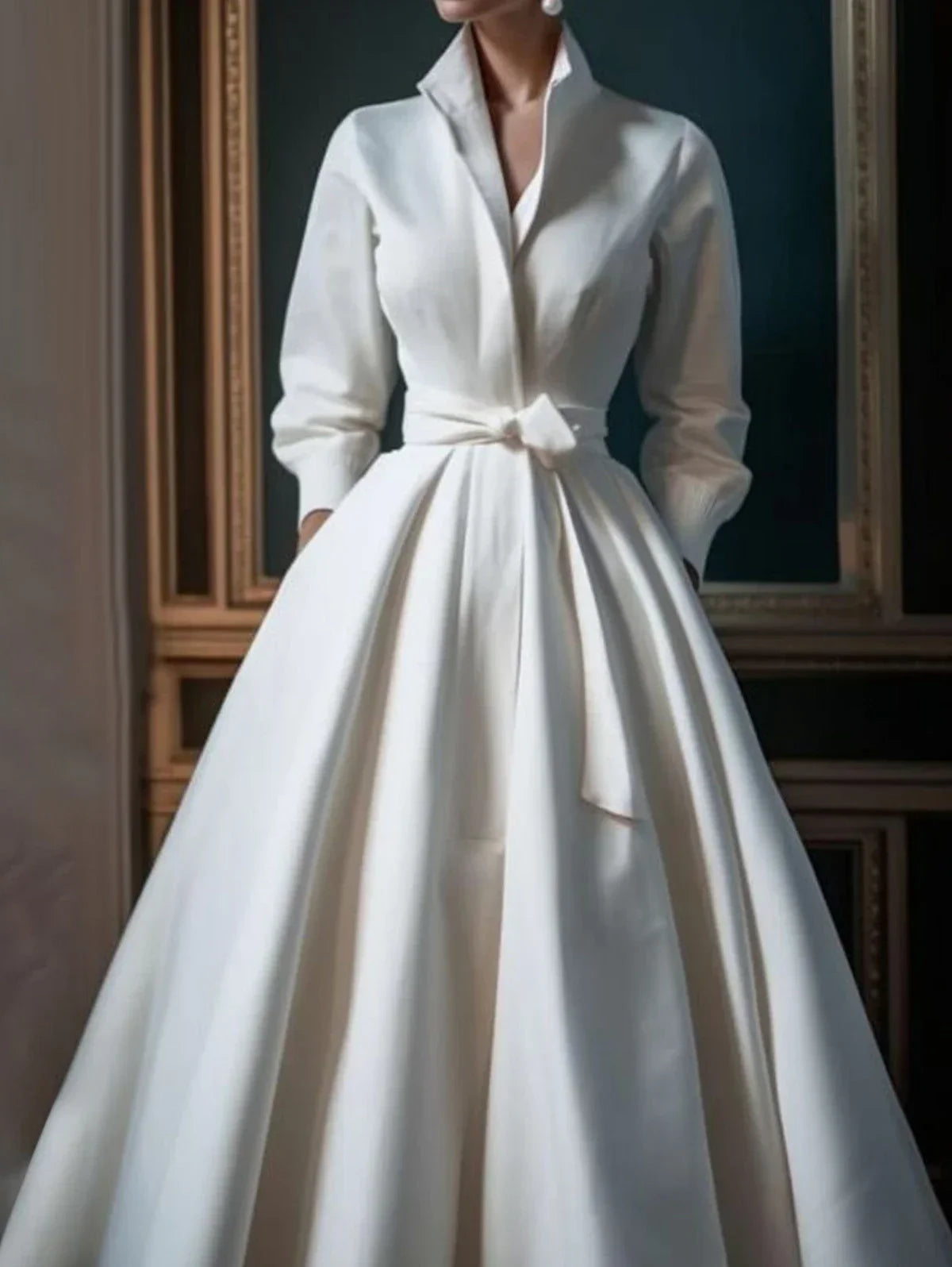 Elegant Women Shirt Dress Long Sleeve Stand Collar Minimalist A-Line Pleated Wedding Guest Long Maxi Dresses with Blet