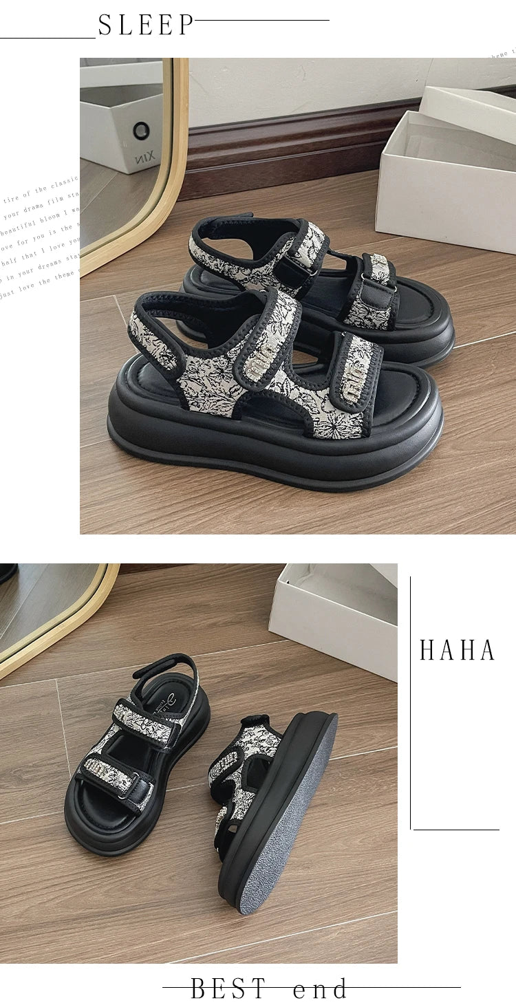 New Embroidery Casual Roman Designer Platform Sandals Women HOOk&LOOP Flats Summer Casual Ladies Outdoor Shoes Zapatos De Mujer