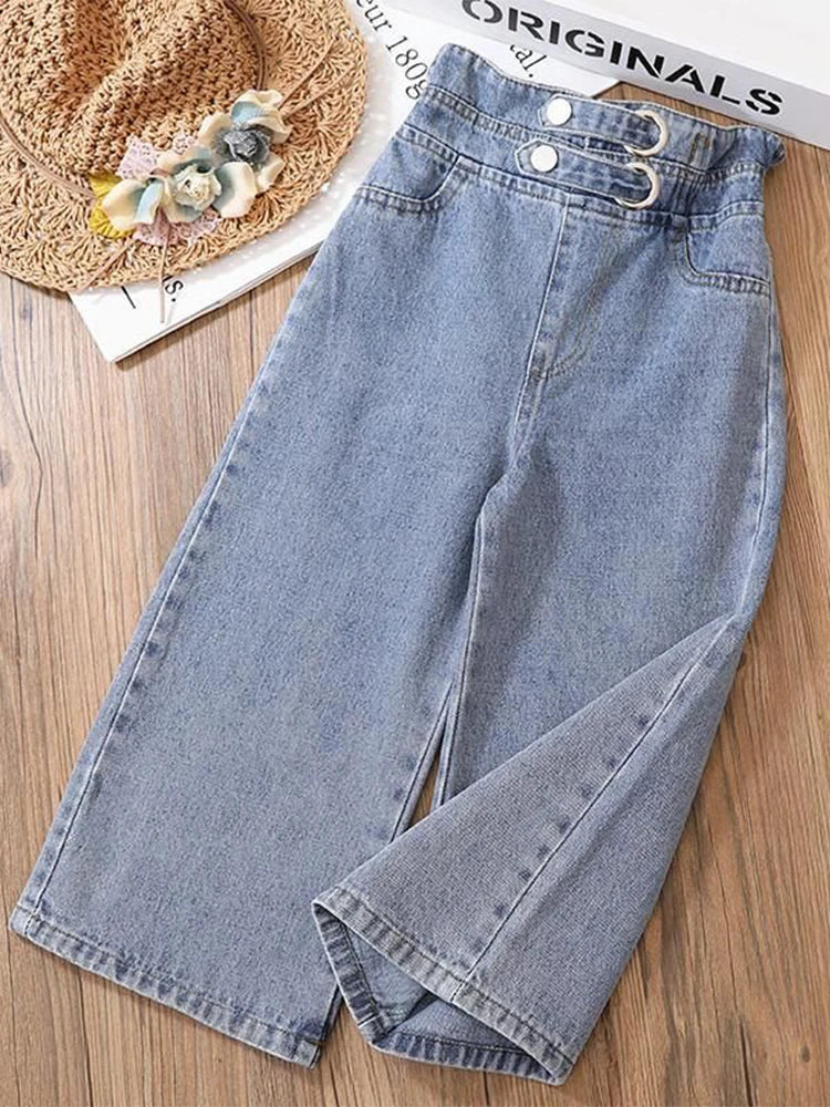 Girls' Wide-Leg Jeans Versatile Style 2023 Fashionable Big Kids Leisure Pants Spring And Autumn Girl Loose Double Waist Trousers