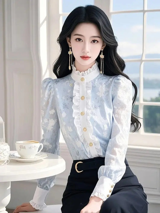 Blue Floral Chiffon Shirt with Ears for Women Spring 2025 New Top