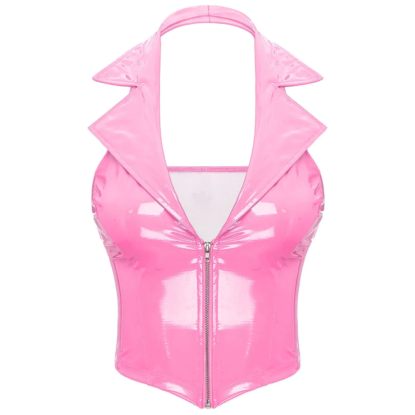 Womens Glossy Patent Leather Latex Vest Tops Rave Outfit Clubwear Glossy Corset Waistcoat Notch Lapel Slim Fit Camisole Crop Top