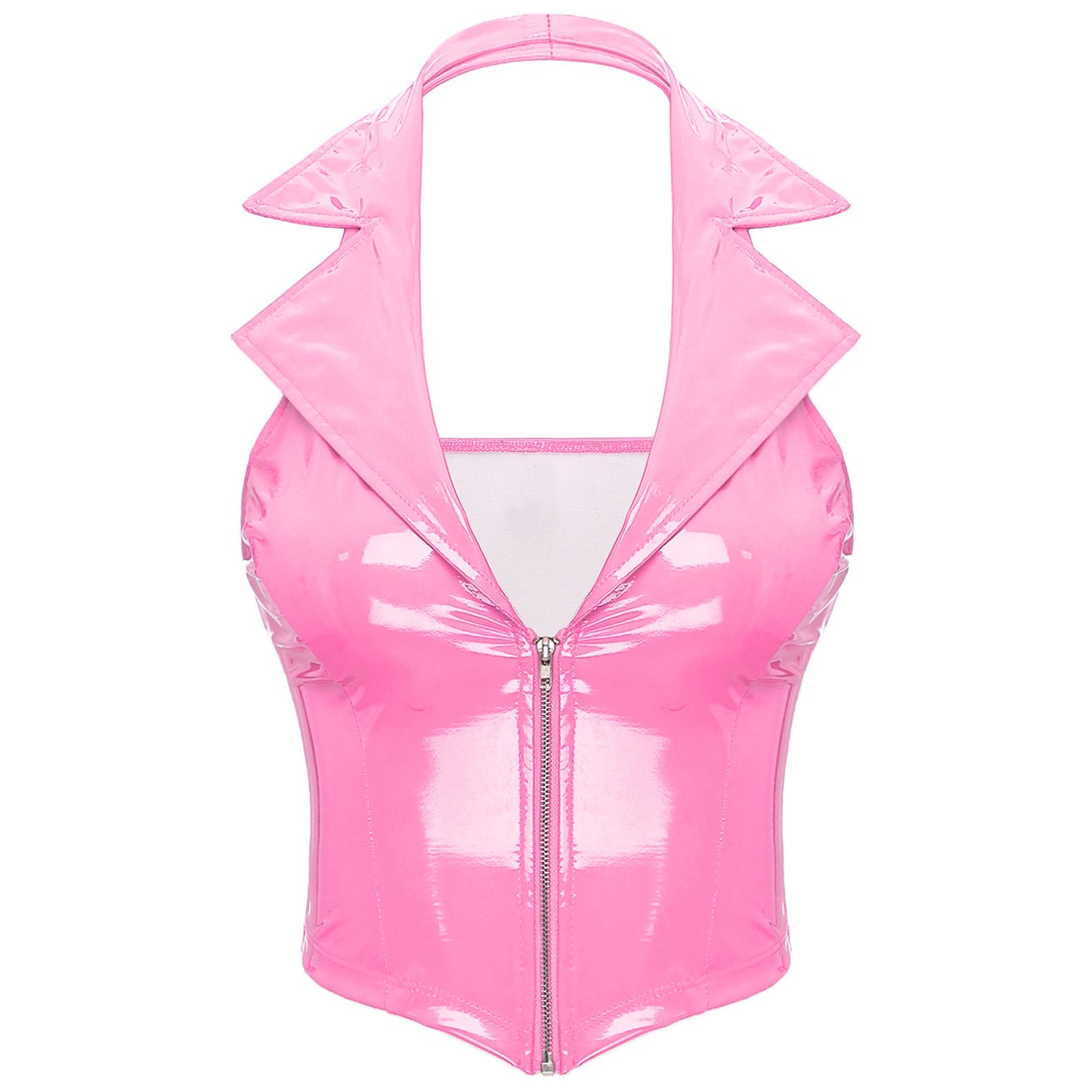 Womens Glossy Patent Leather Latex Vest Tops Rave Outfit Clubwear Glossy Corset Waistcoat Notch Lapel Slim Fit Camisole Crop Top