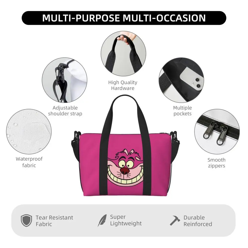 Custom Cheshire Cat Beach Tote Bag for Women We're All Mad Here Cat Big Compartment Gym Beach Travel Bags