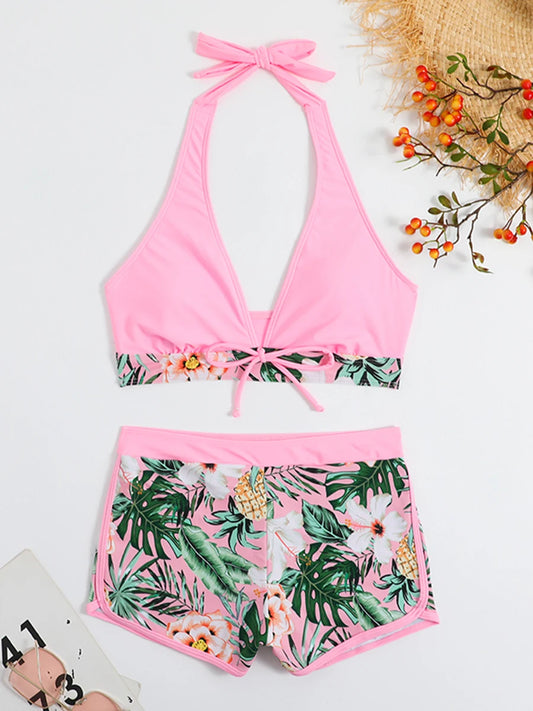 Halter Bikini Set: High Waist Design Wire-Free Support Spandex Polyester - Kurzer Schwimmanzug Frauen Bedruckte Bademode Polsterung Strandmode