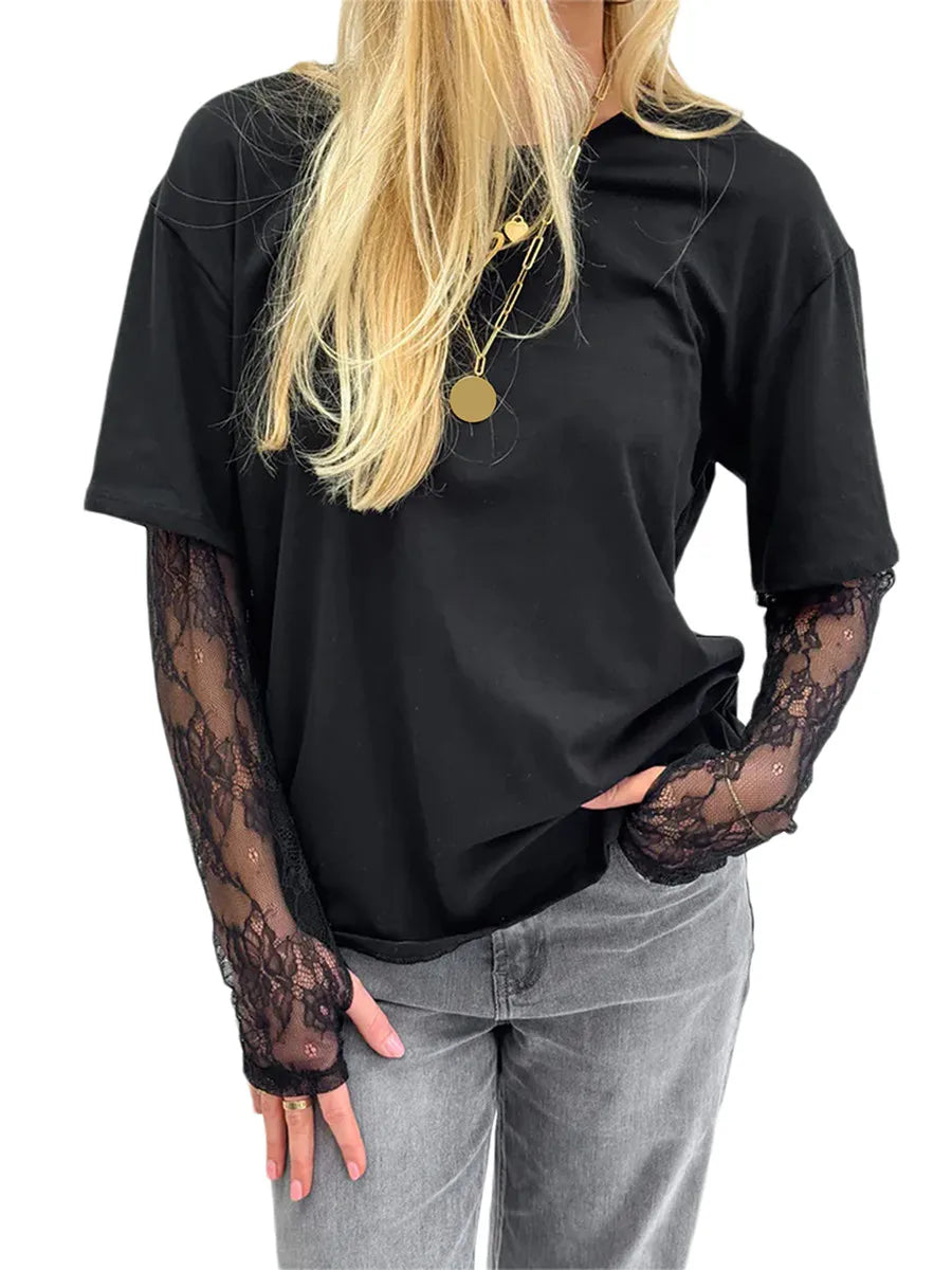 T-Shirt 2025: hirigin Women Round Neck T-Shirt Lace Long Sleeve Casual Shirts - Spring Fall Loose Fit Tops Ladies Solid Color Tee for Streetwear Y2K 00s Collection