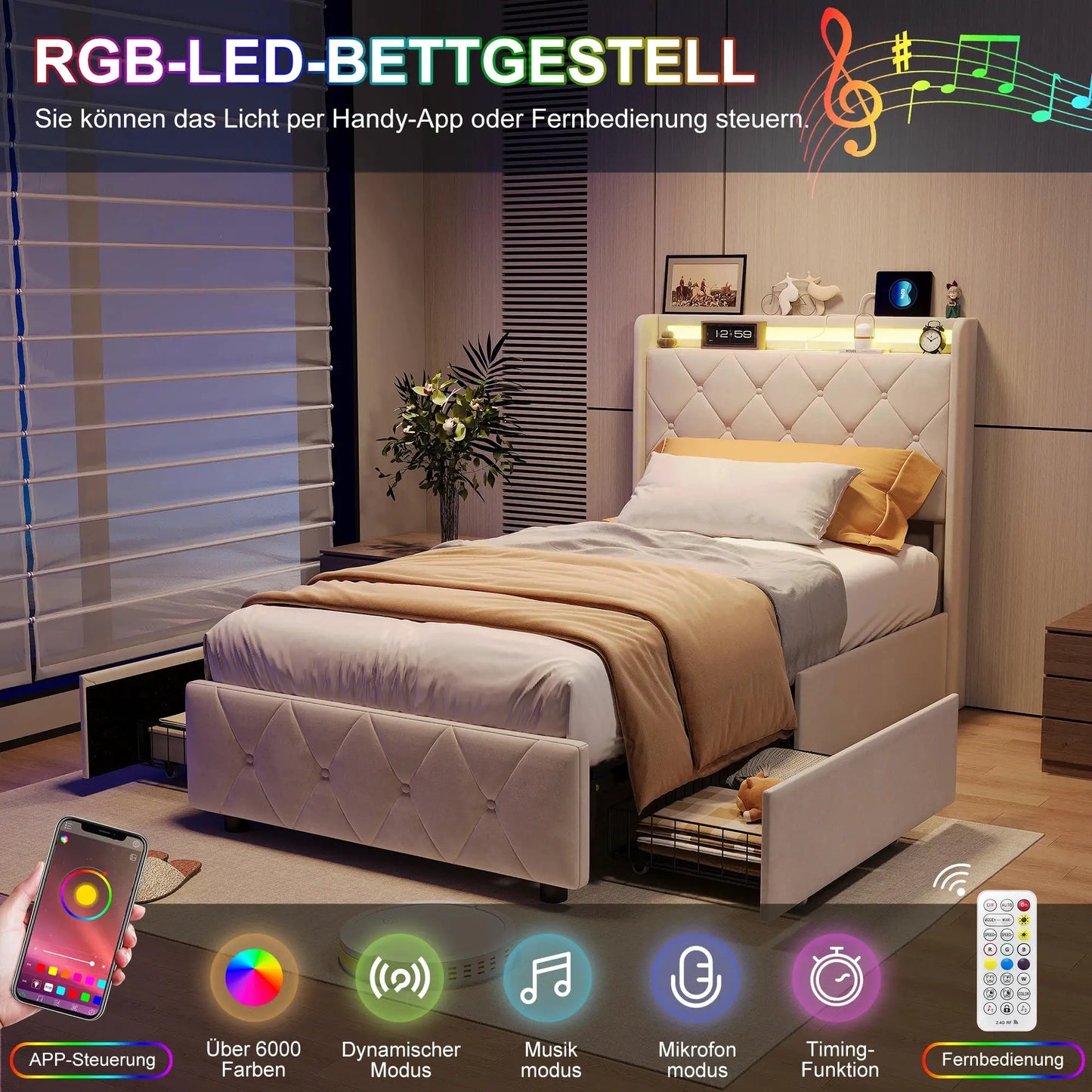 Gepolstertes Bett LED Beleuchtung USB Ladeanschluss Vier Schubladen