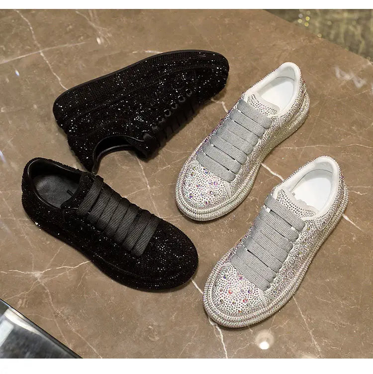 New Brand Women Fashion Casual Glitter Sparkling Sneakers Women Encrusted Lace Up Shoes White Sole Fashion Street Sneakers Shiny