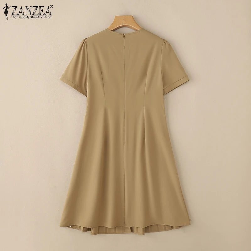 Elegant Office Lady Dresses 2025 Summer Dress ZANZEA Women Elegant Short Puff Sleeve Pleated Party Vestidos Knee Length Robe