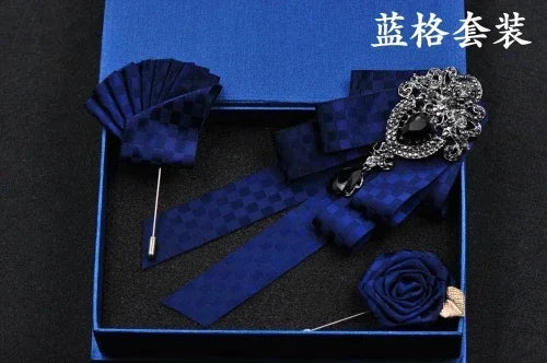 Fashion Handmade Bow Tie Wedding Collar Luxury Rhinestone Bowtie Necktie Brooch Pocket Towel Square Set Gift for Men Accessories
