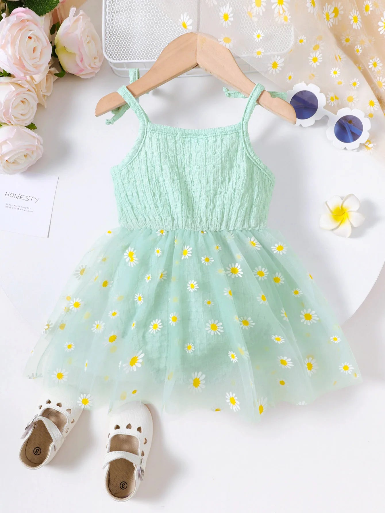 Toddler Children's Lace Up Bow Small Daisy Chiffon Bodysuit Suitable for Cute Baby Girls From 3 to 24 Months Summer Fashion Clot