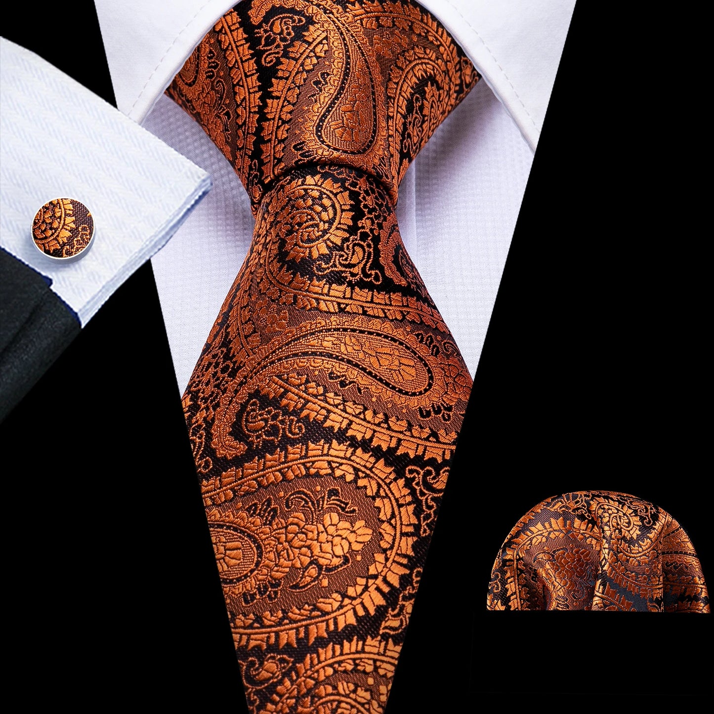 Fashion Silk Men Tie Set Gold Yellow Orange Solid Paisley Striped Plaid Floral Necktie Pocket Square Cufflinks Wedding Business