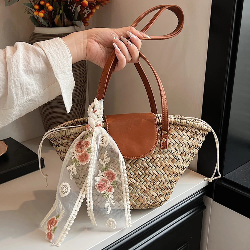 Women Straw Woven Tote Bag Summer Beach Bags Large Capacity Tote Clutch Bags with Ribbon Chic Hobo Bag for Party Vacation