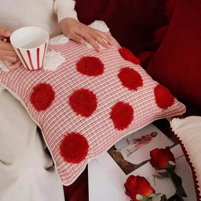 Modern Red Festive Cushion Cover Christmas Party Pillow Cover Decorative Polka Dot Tufted Tassel Velvet Pillowcase Home Decor