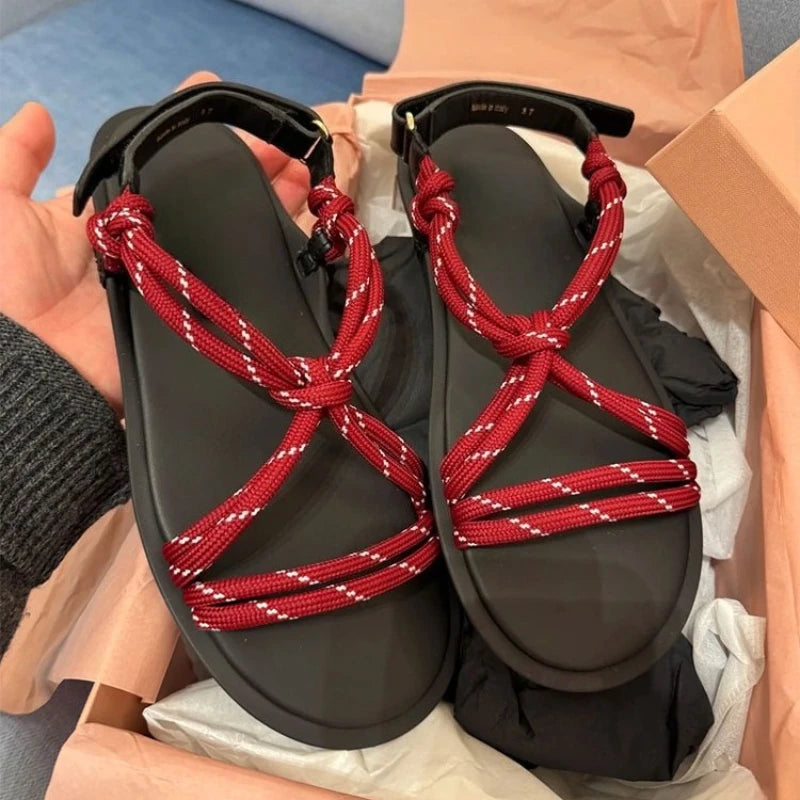 Damen Seil-Knoten Zehentrenner Sandalen - Weiche Sohle Komfort Sommer - Geflochtene Riemen Fashion Sandalen