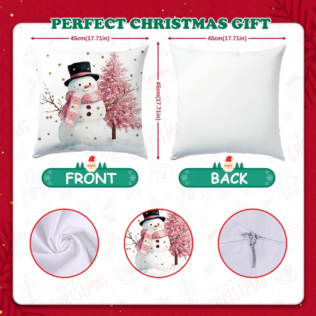 45 * 45cm Pink Christmas Throw Pillow Cover Pink Striped Snowman Christmas Tree Cane Santa Claus for Home  Sofa Cushion Cover