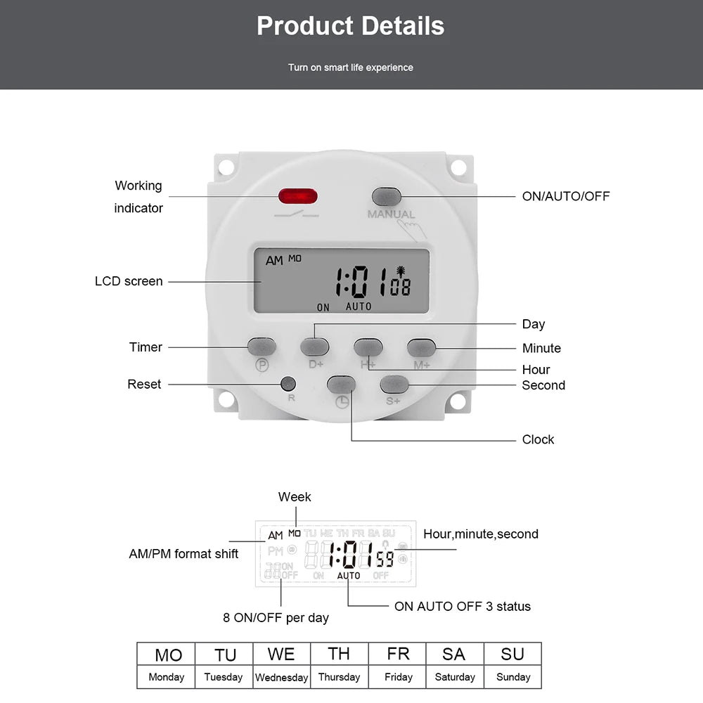 Gaqqee 1 Second Interval 12V 24V 110V 220V Digital LED Timer Switch 7 Days Weekly Programmable Time Relay Programmer CN101S