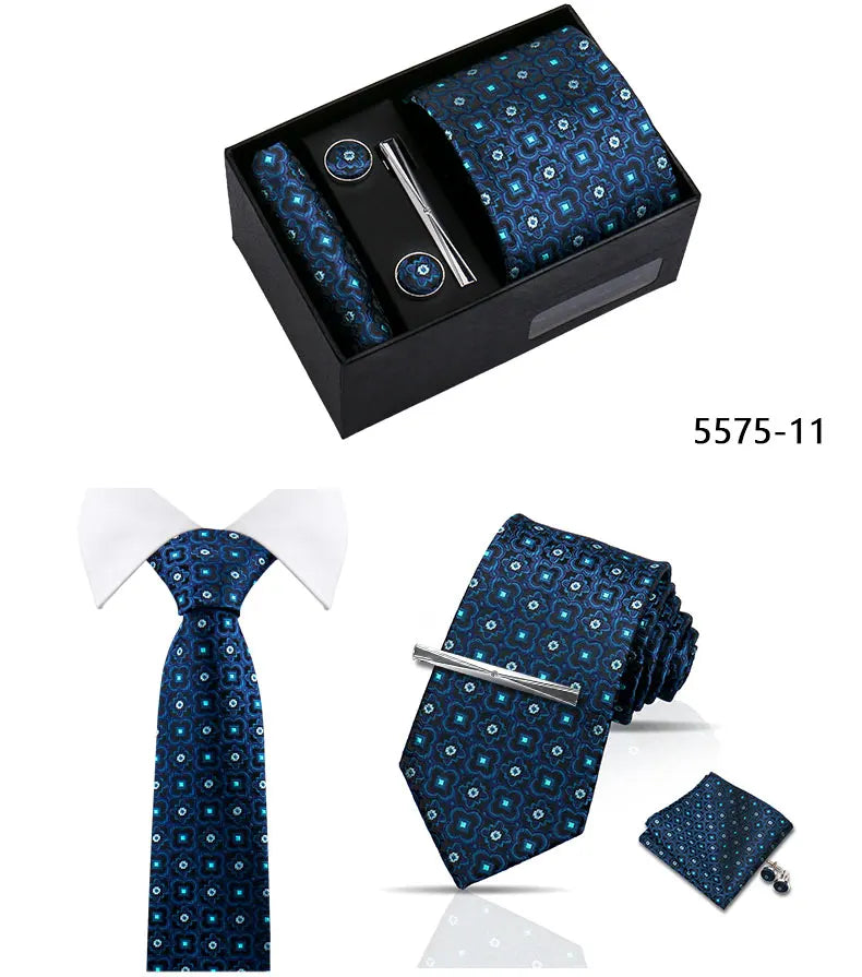 Elegant Men's Suit Necktie Gift Box Set Floral Tie Handchief Cufflinks Tie Clip 4-Piece Business Wedding Party Suit Accessories