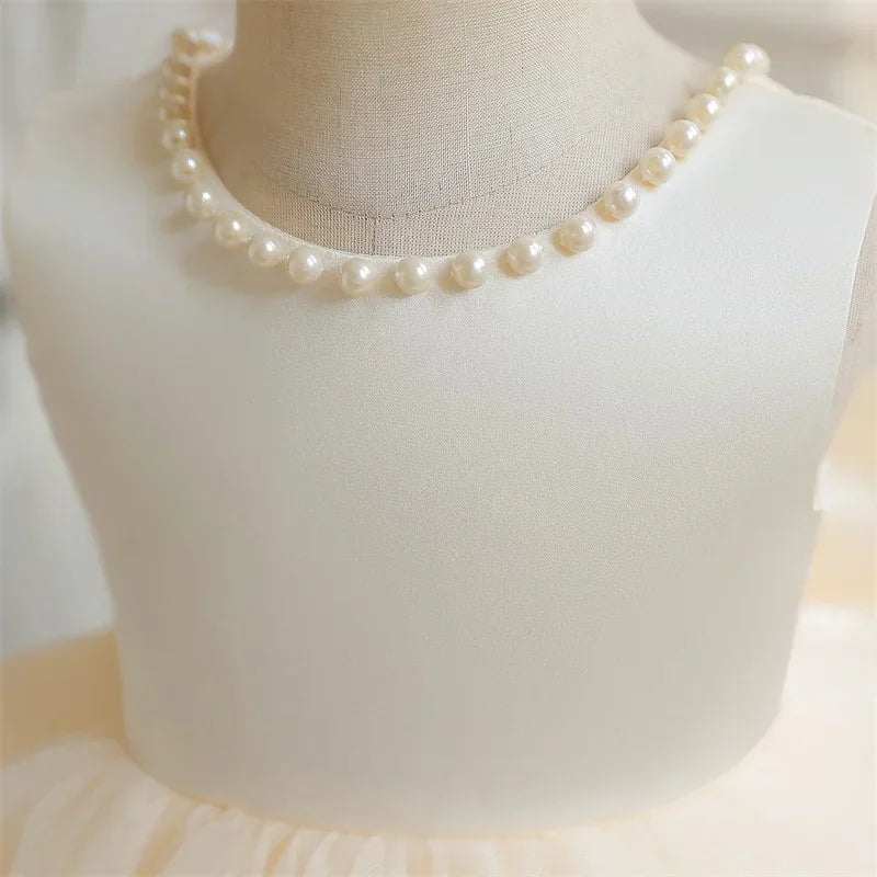 Baby Mädchen Kleid Große Schleife Perlen Rückenfrei 1. Geburtstag Party Kleid Säugling Mädchen Prinzessin Hochzeit Tüll Kleid Taufe Kleid 1-5J