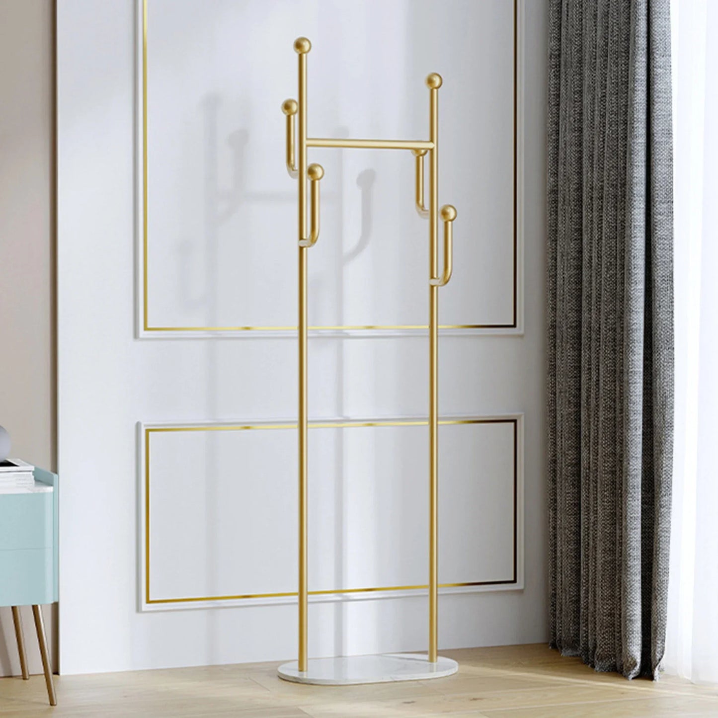 Kleiderständer, Goldener Garderobenständer mit 6 Haken, Freistehender Kleiderständer, Kleiderstange aus Metall
