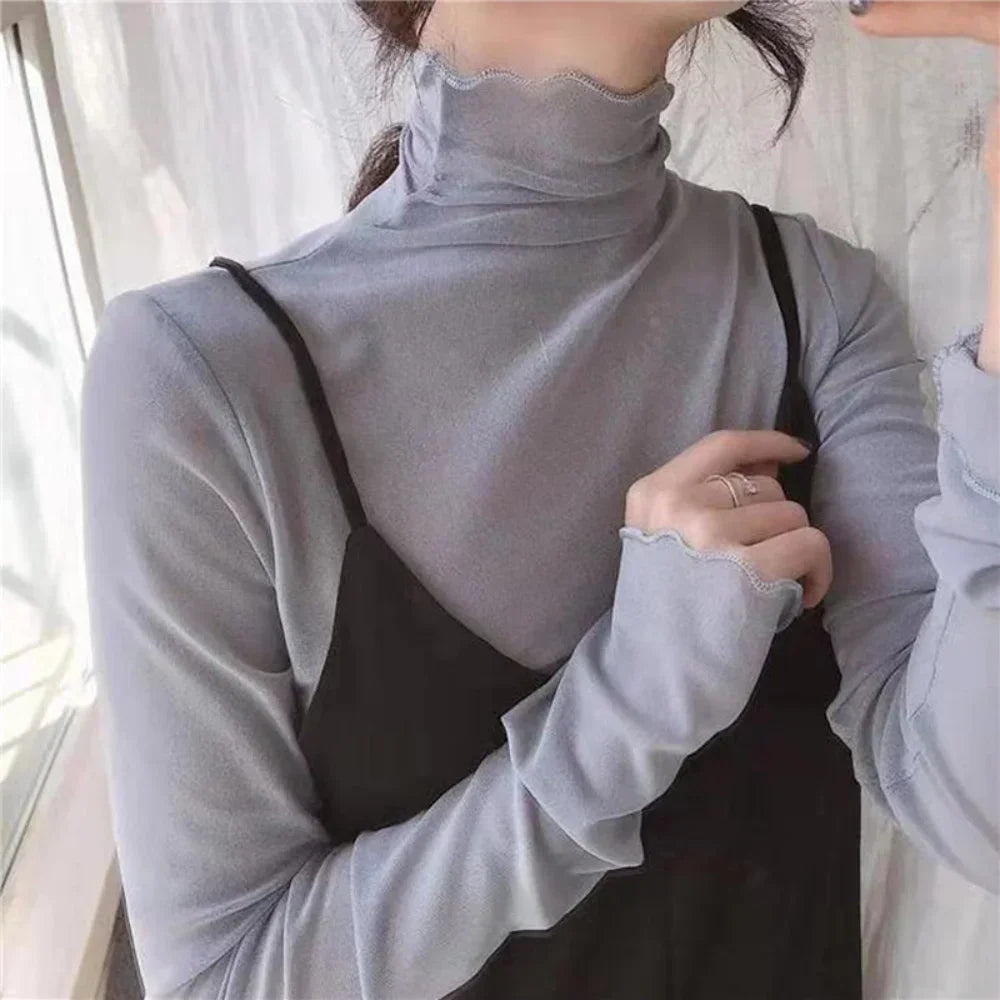 Sexy Women T Shirt See Through Transparent Tops Long Sleeve Ladies T-Shirt Pink Green Basic Top for Female Bottoming Blouses