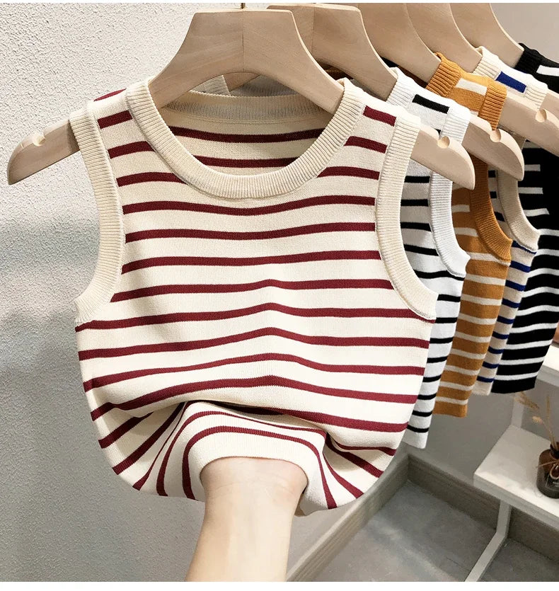 Vara primăvară dungi tanc topuri femei fără mâneci tricotate tricouri crop topuri femei elastice Slim casual veste pulover camis
