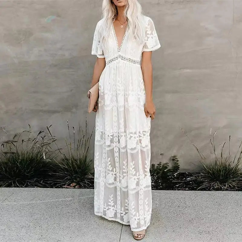 Boho style girl dress white cotton lace sleeveless long summer