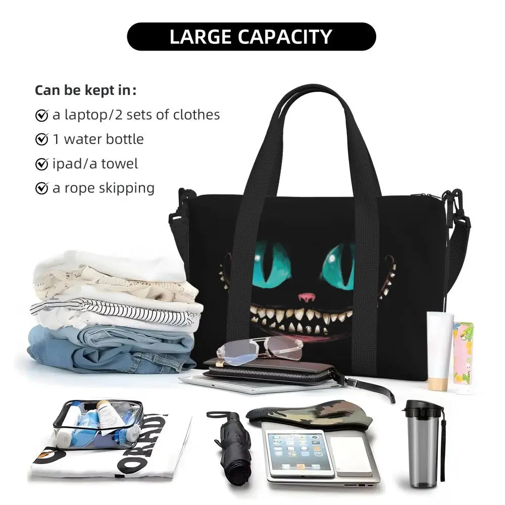 Custom Cheshire Cat Beach Tote Bag for Women We're All Mad Here Cat Big Compartment Gym Beach Travel Bags