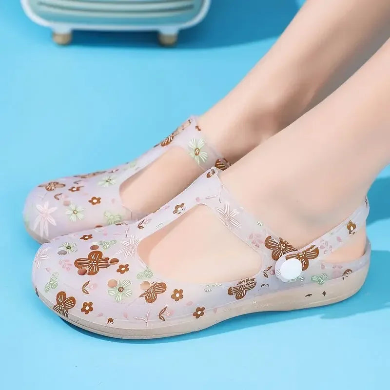 Women's Pink Floral & Butterfly Print Transparent T - Strap Jelly Sandals - Comfortable & Stylish Summer Printed Hole Shoes