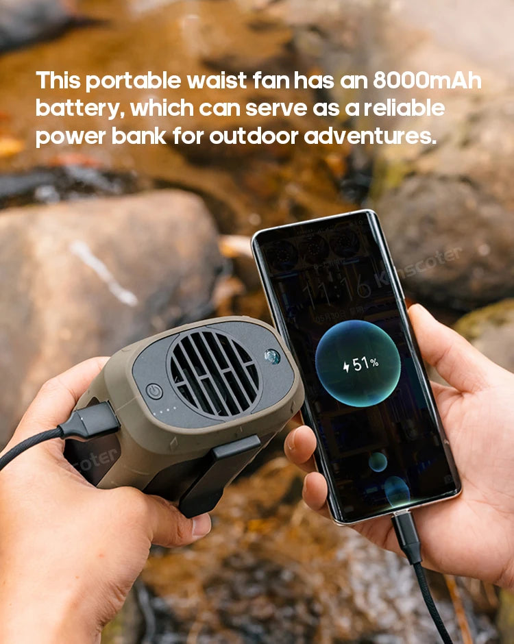 KINSCOTER Tragbarer Outdoor Hüft-Ventilator - 8000mAh LED Beleuchtung Multifunktional Nacken-Ventilator Power Bank