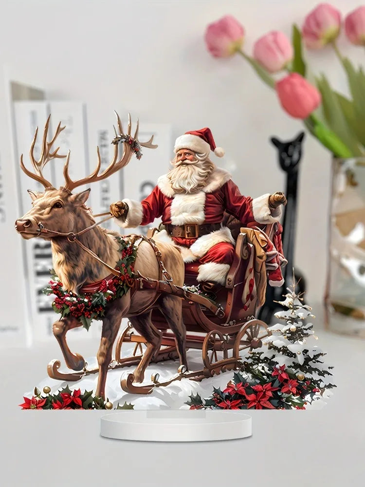 Sleigh Santa Claus Reindeer Sled Tabletop Decoration with Base 2D Acrylic Christmas Ornaments 2025 Xmas Navidad Party Supplies