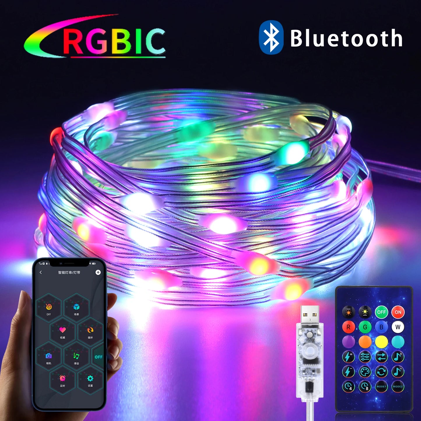 RGBIC String Lights 5V USB - Dimmbar, Bluetooth Steuerung, Länge 25m