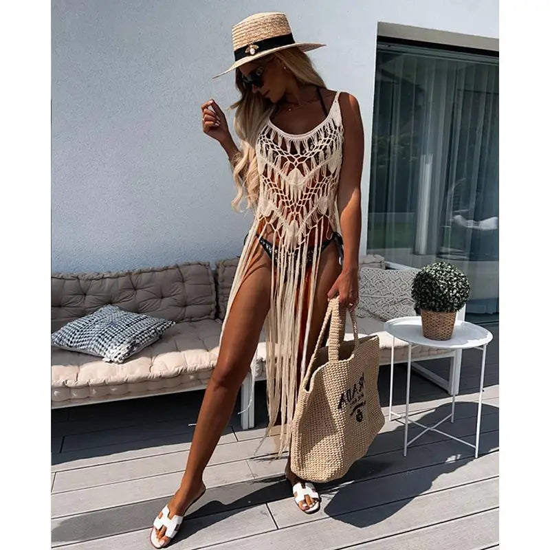 Strand Cover Ups: Hand Hook Hollow Out Spandex Polyester - Elegant Sonnenschutz Shirt Lange Quasten Beach Style Gestrickt