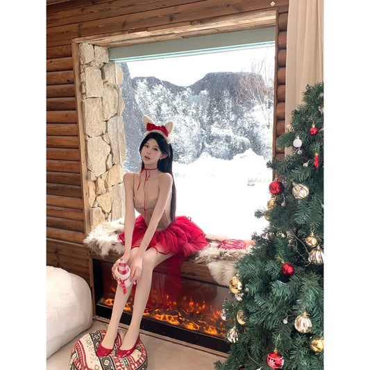 Elegant Women Two Piece Outfit Red Corset Crop Top Tulle Mini Skirt Slim Fit elegant Summer Party Clubwear Chic Stylish Look 2025