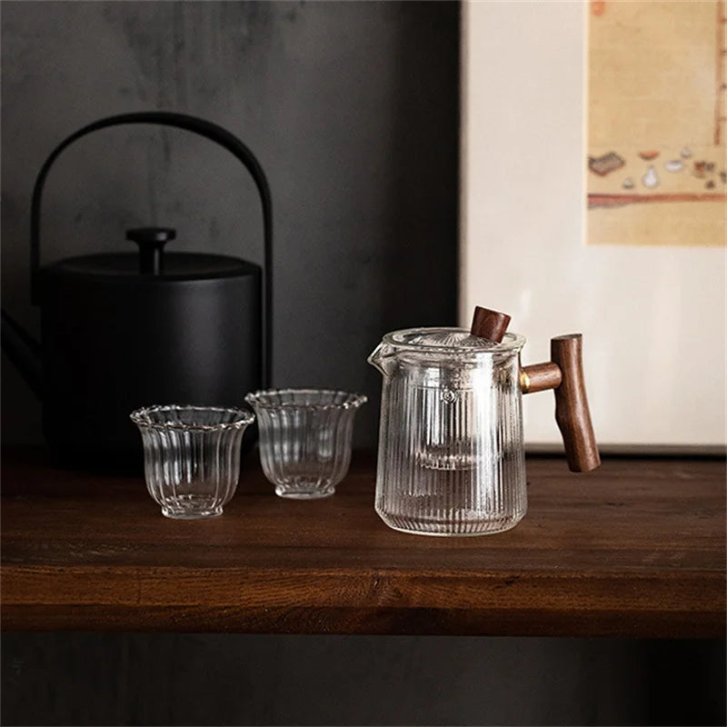 Japanese Heat Resistant Vertical Stripe Glass Tea Pot Wood Handle Teapot Kung Fu Tea Set Puer Kettle Coffee Glass Pot Teaware