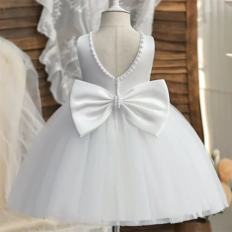 Baby Mädchen Kleid Große Schleife Perlen Rückenfrei 1. Geburtstag Party Kleid Säugling Mädchen Prinzessin Hochzeit Tüll Kleid Taufe Kleid 1-5J
