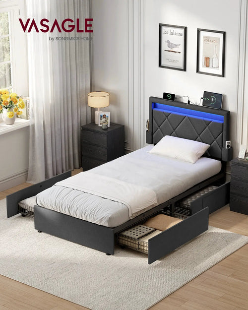 Polsterbett Verstellbares Kopfteil LED Beleuchtung Ladestation 4 Schubladen