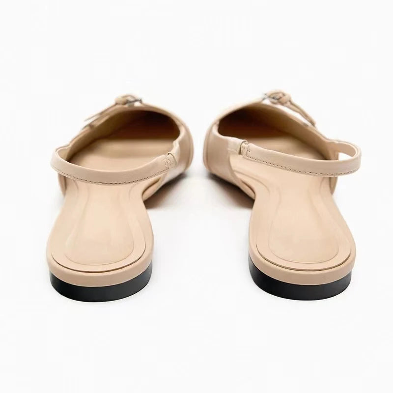 Slingback Flat Bottom Women Sandals Summer Black Leather Pointed Woman Ballet Shoes Fashion Low-heel Woman Shoes