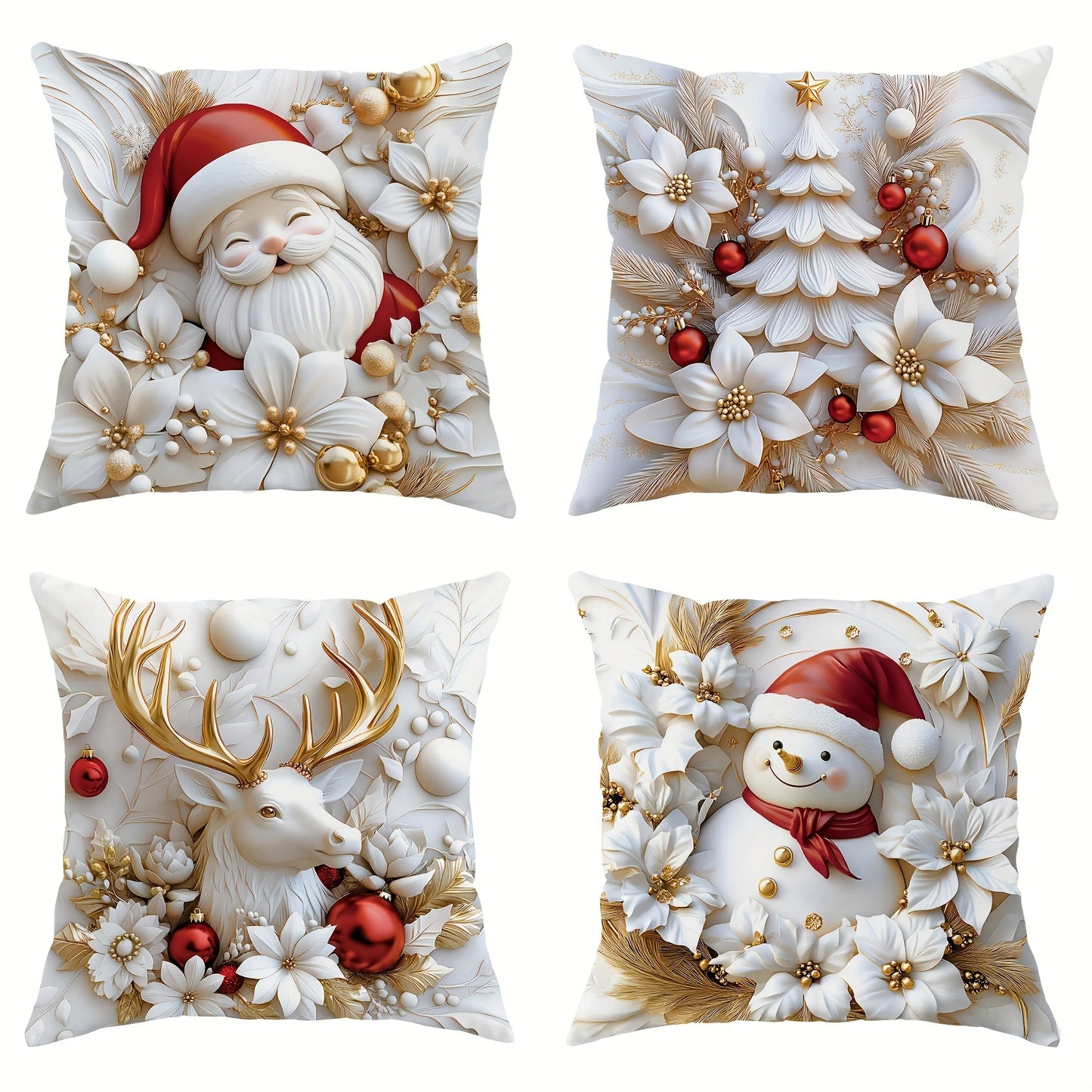 4PCS Set of Holiday Velvet Christmas Pillow Covers with Santa Claus, Snowman, Reindeer, and Poinsettia - Without Lining