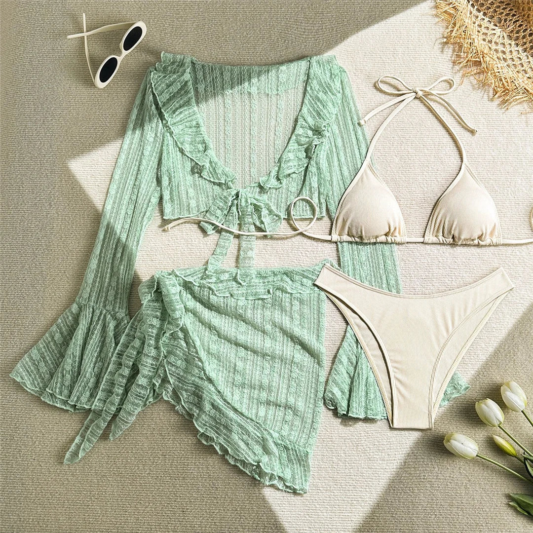4PCS Halter Bikini Set Sarong Langarm - Vierteilig S M L