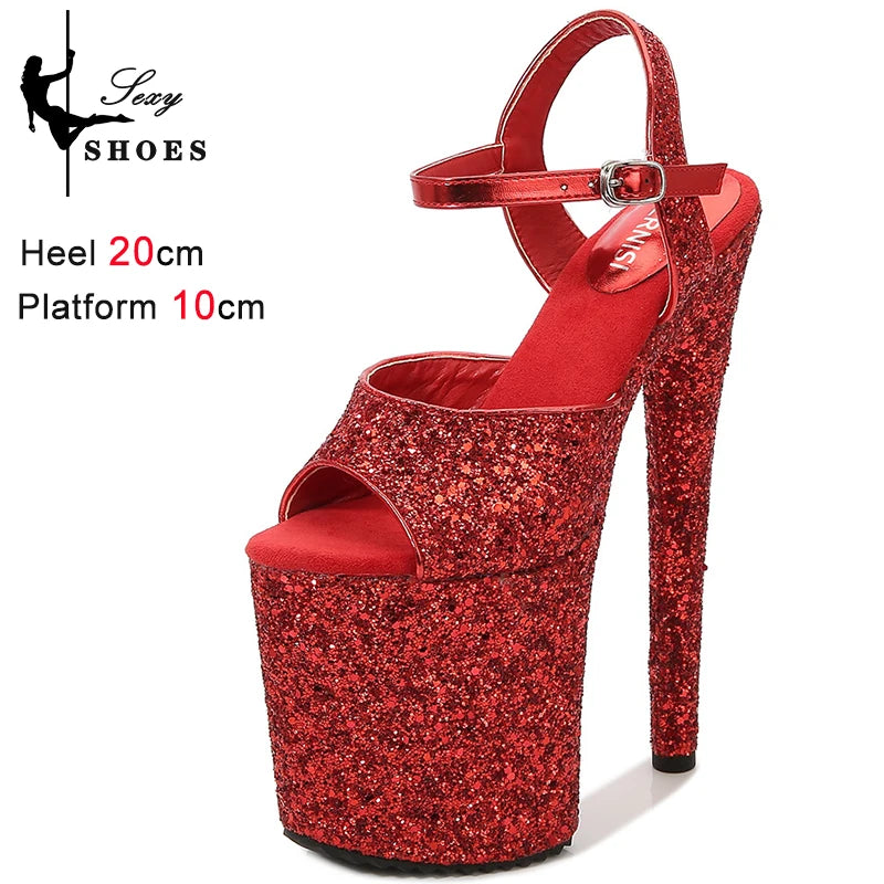 elegant woman shoes with High Heels 20CM Sequined Cloth Platform Modern Sandals Stripper Shoes Red Wedding Women Shoes Pumps