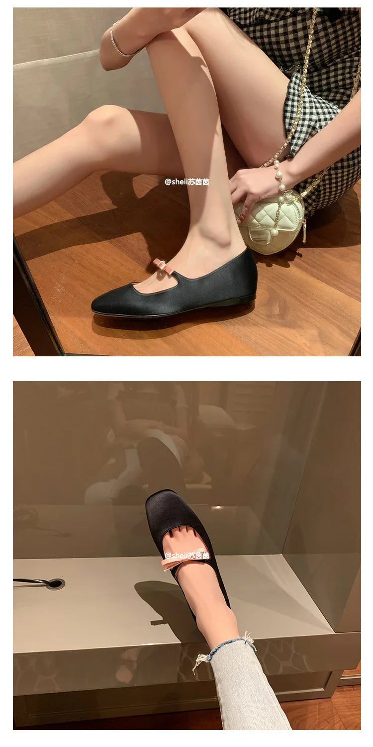 Ballet Falts Shoes for Women Bow Tie Elegant Women's Loafers Shoes with Low Heels Black Leather Mary Janes Desinger Shoes Ladies