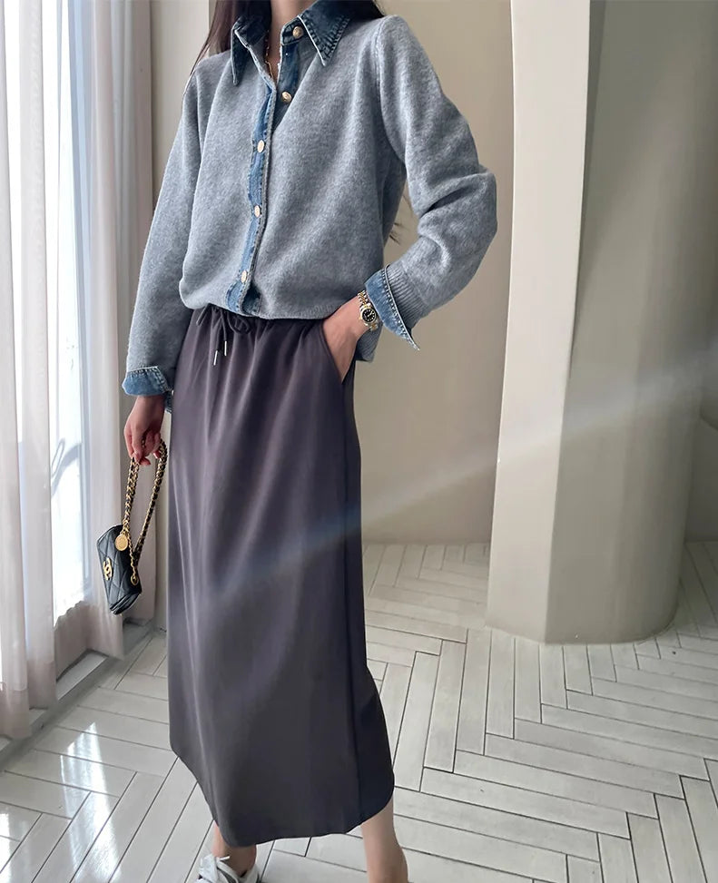 BigLargiCN Strickcardigan Herbst Denim Patchwork Damen Korean Stil - Gewicht 120–220 g/m² Länge Regular Lockere Passform