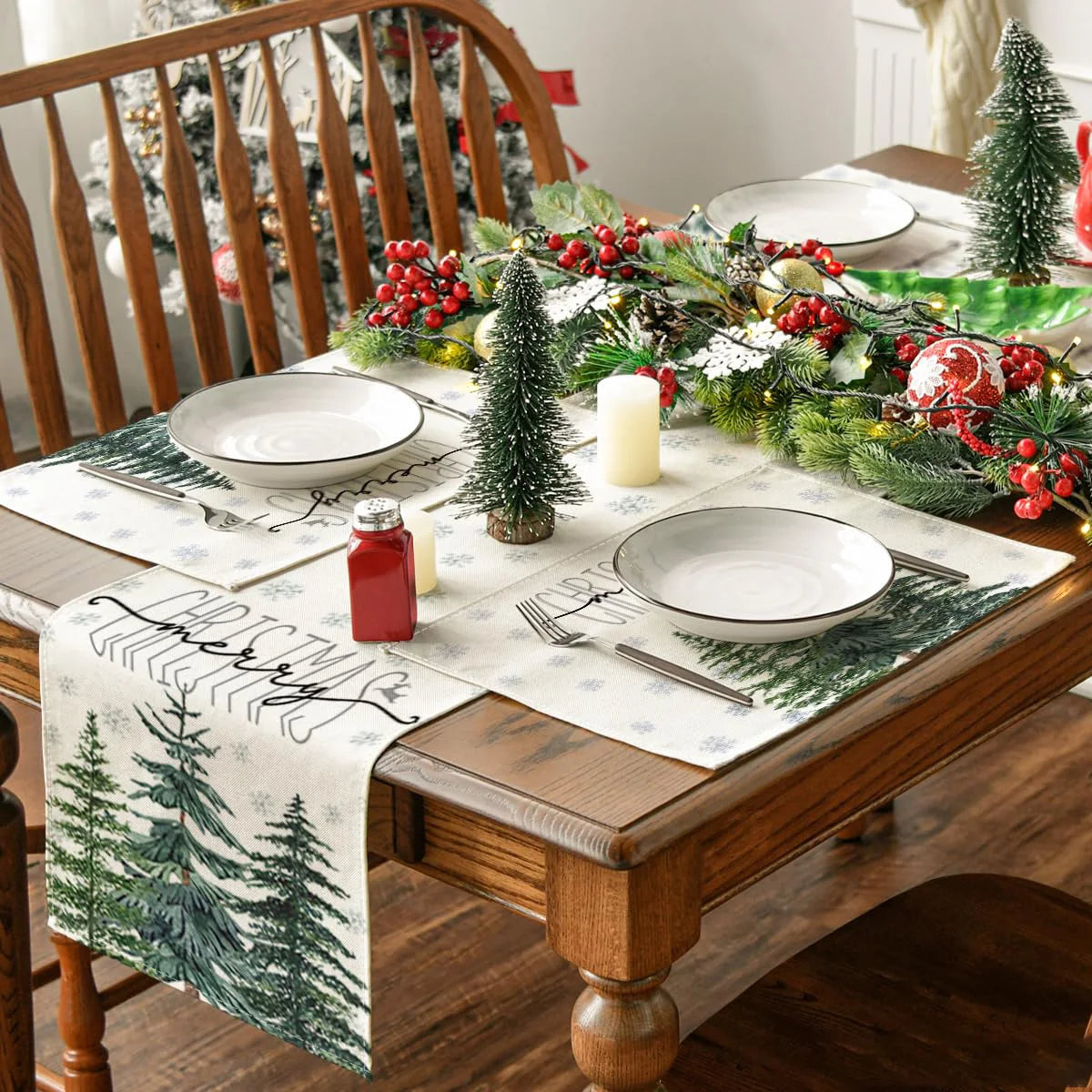 Pine Tree Snowflake Merry Christmas Placemats Seasonal Winter Xmas Table Mats for Kitchen Dining Decor
