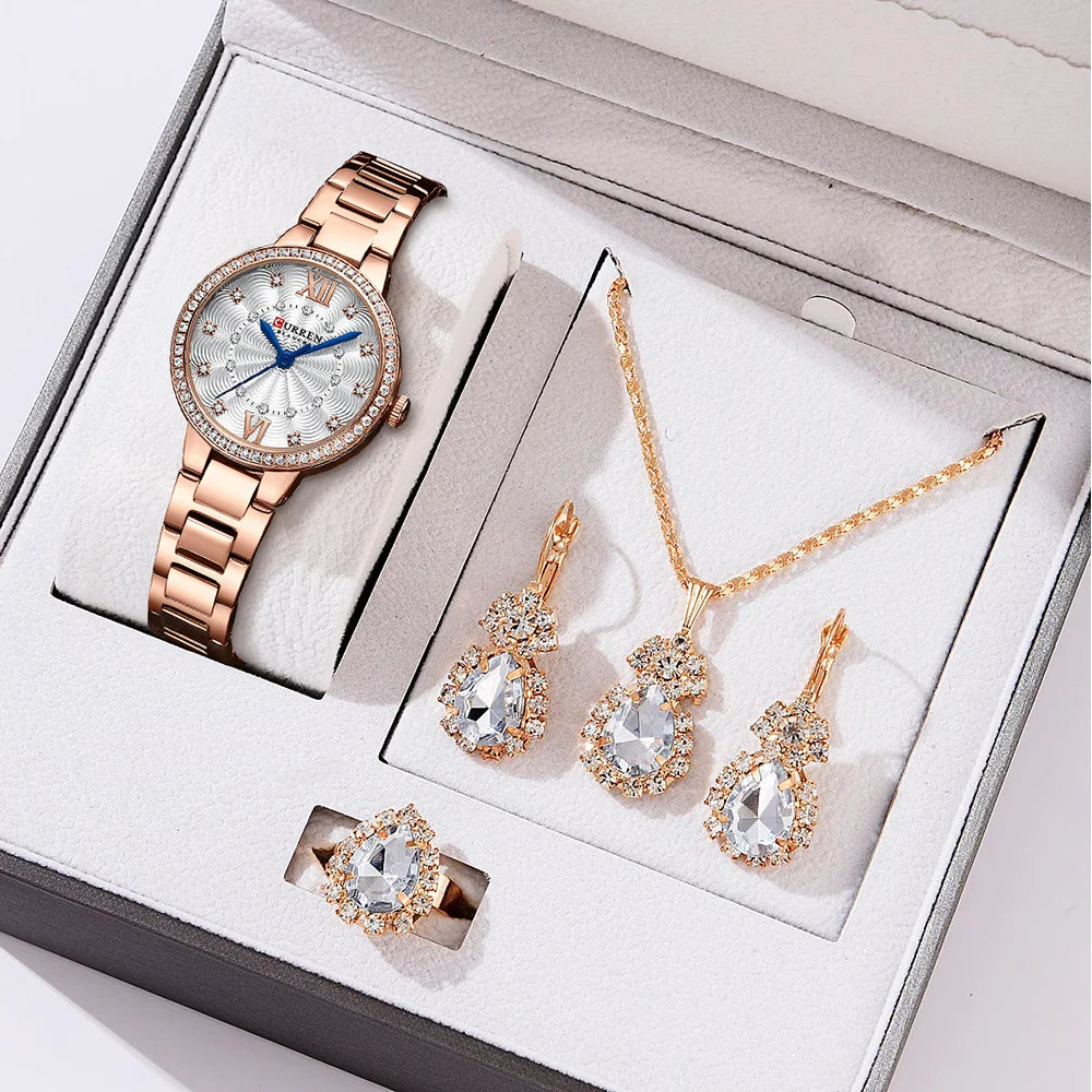 CURREN Luxus Uhr Damen Ring Halskette Ohrringe - Strass Mode Armbanduhr Weiblich Casual Damen Uhren Armband 5-teiliges Set