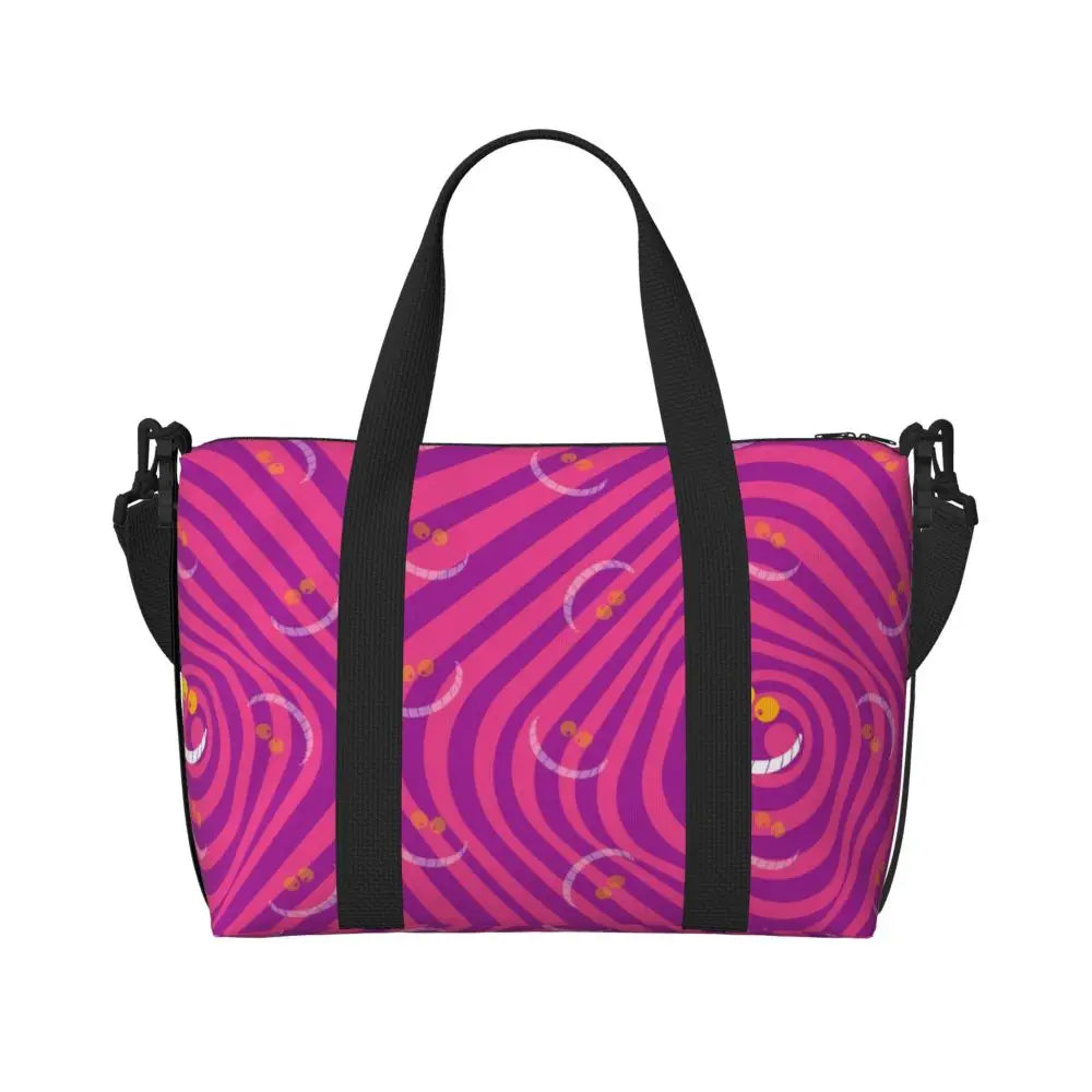 Custom Cheshire Cat Beach Tote Bag for Women We're All Mad Here Cat Big Compartment Gym Beach Travel Bags