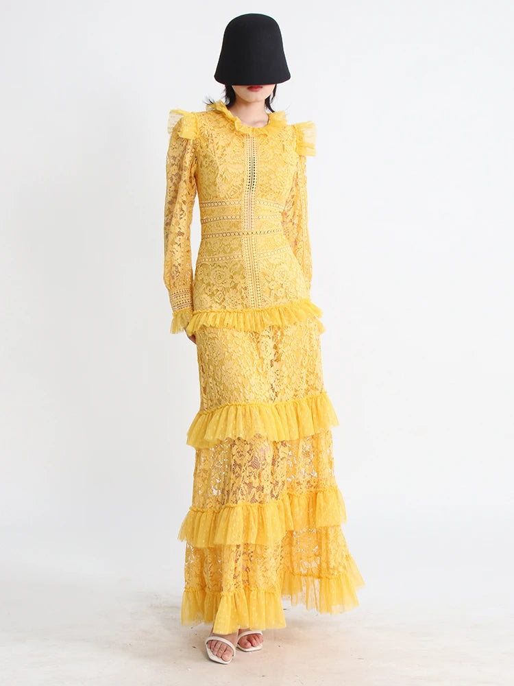 TWOTWINSTYLE Elegant Dresses For Women Stand Collar Long Sleeve High Waist Embroidery Slim Dress Female Fashion Clothing 2023