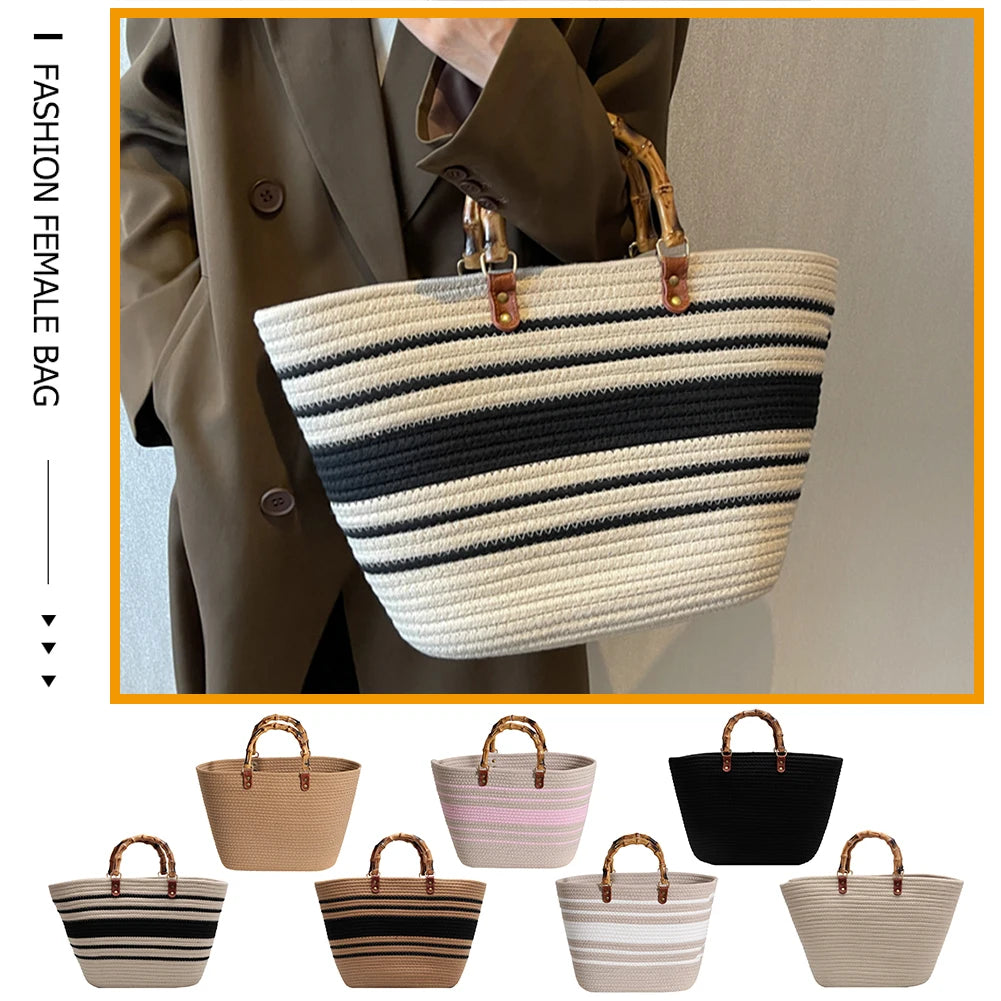 Beach Vacation Bags Bamboo Handle Holiday Hand Bag Large Capacity Striped Portable Casual Fashion Exquisite for Seaside Party